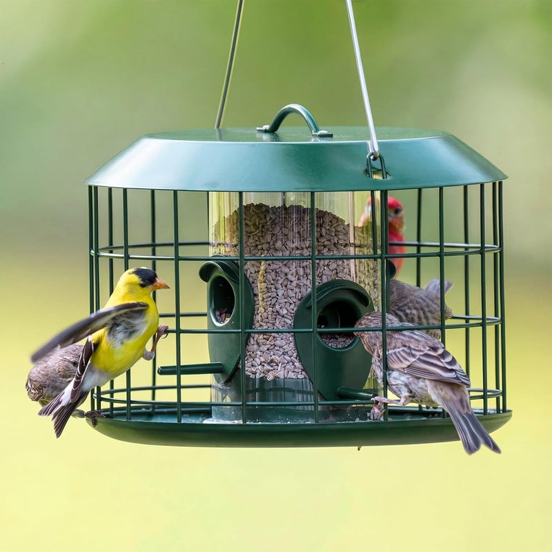 Kingsyard Tube Squirrel Proof Bird Feeders for Outdoor Hanging, Metal Caged Bird Feeder with Rain Proof Covered for Wildbirds Finches Bluebird, 4 Feeding Ports, Green - Image 2